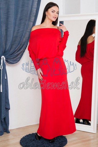 dlhé šaty s vodopádovým výstrihom – červená 1